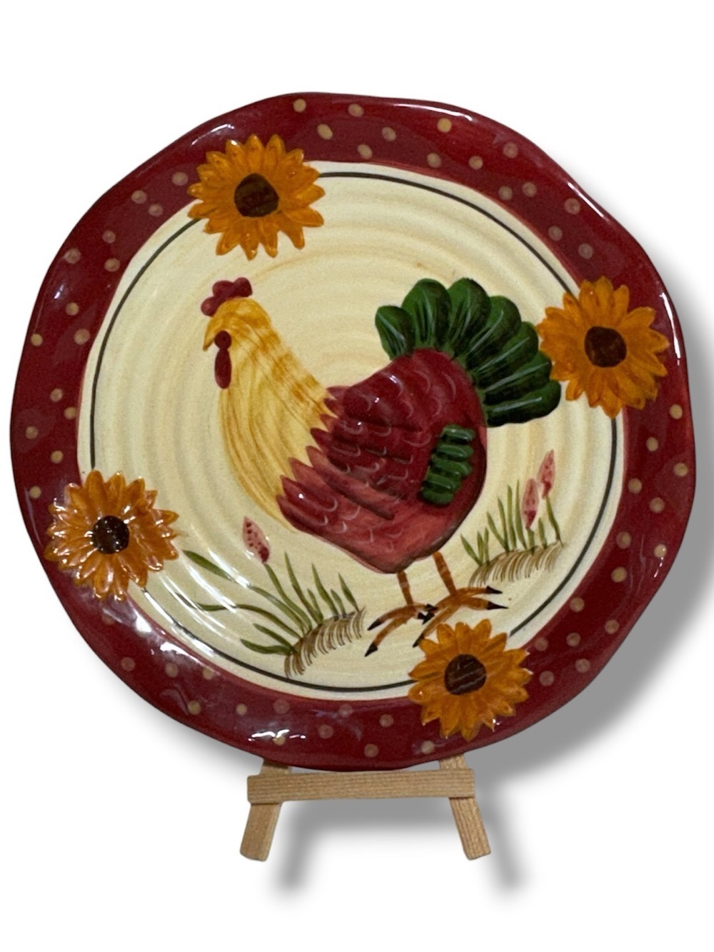 Hand Painted Rooster Sunflowers Decorative Plate Red Cream Yellow Vintage 1990